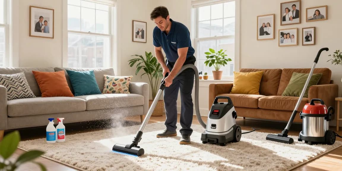 Professional carpet cleaners NYC utilizing advanced equipment in a bright living room