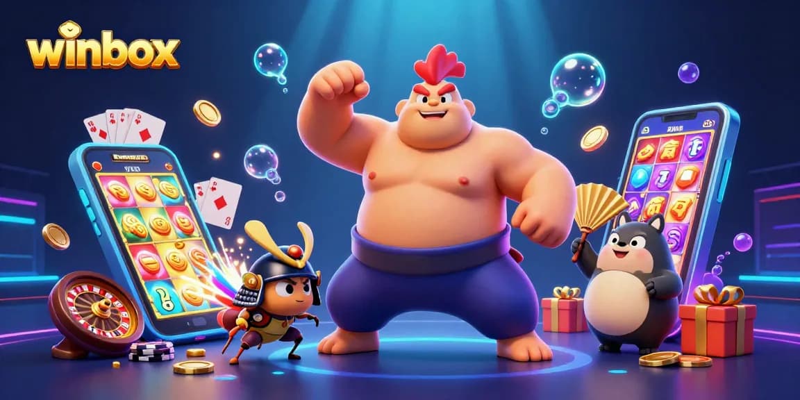 Winbox offers thrilling gaming experiences with a dynamic scene featuring a sumo wrestler rooster, samurai cricket, and a tanuki.