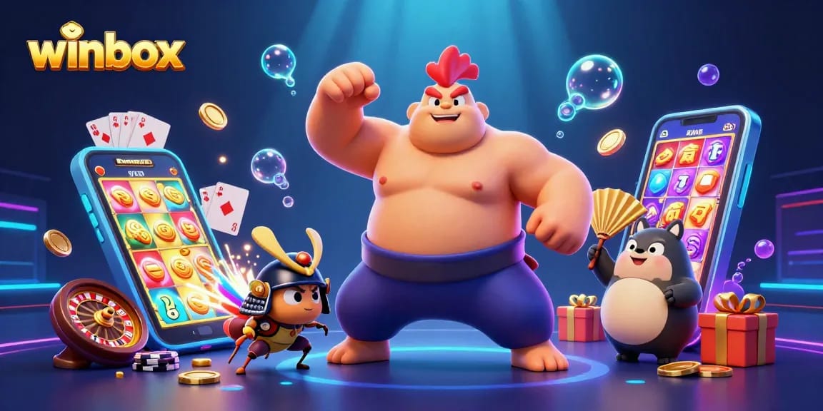 Winbox offers thrilling gaming experiences with a dynamic scene featuring a sumo wrestler rooster, samurai cricket, and a tanuki.