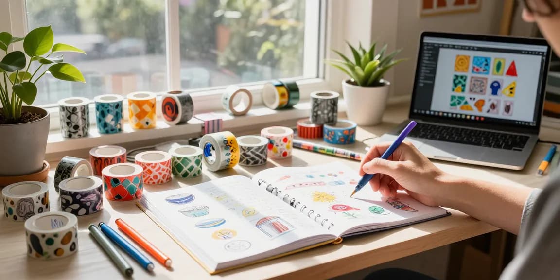 Creative workspace showcasing custom washi tape design with colorful rolls and vibrant artwork.