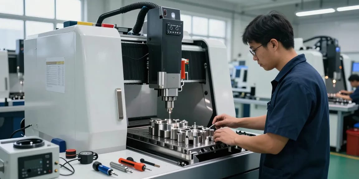 5 axis cnc machining technician working on precision metal parts in a clean manufacturing facility.