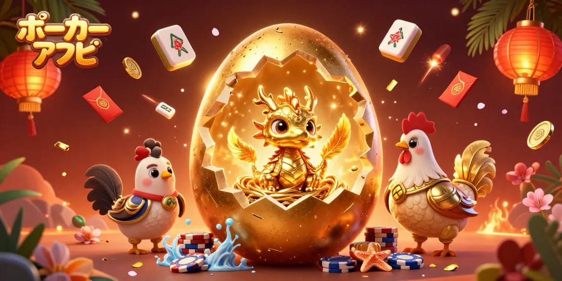 ポーカーアプリのためのキャッチーなシーンで、金色のドラゴンとポーカーチップに囲まれた楽しさが溢れるイラスト