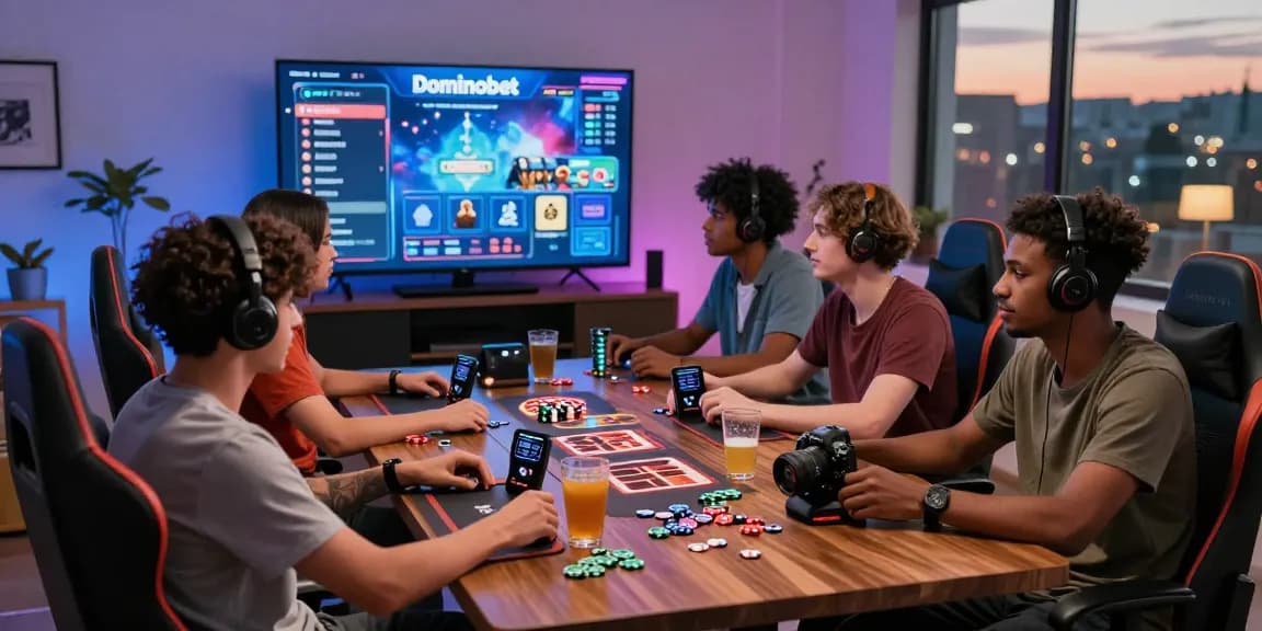 Players enjoying a lively game on the Situs Resmi Dominobet platform with vibrant energy and modern gaming setup.