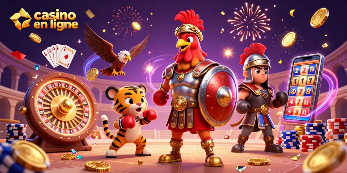 Plongez dans le casino en ligne avec un intense combat entre un coq gladiateur et un tigre cub, entouré d'or et de jeux.