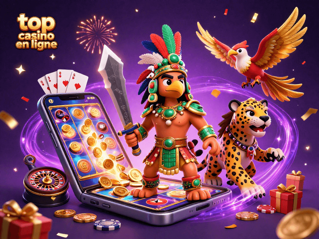 Profitez des jeux captivants au top casino en ligne avec un guerrier aztèque et des pièces d'or.La