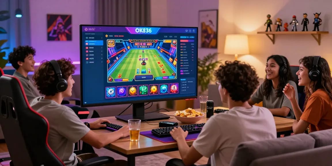 Friends enjoying an exciting gaming session on OK8386 platform in a modern living room.