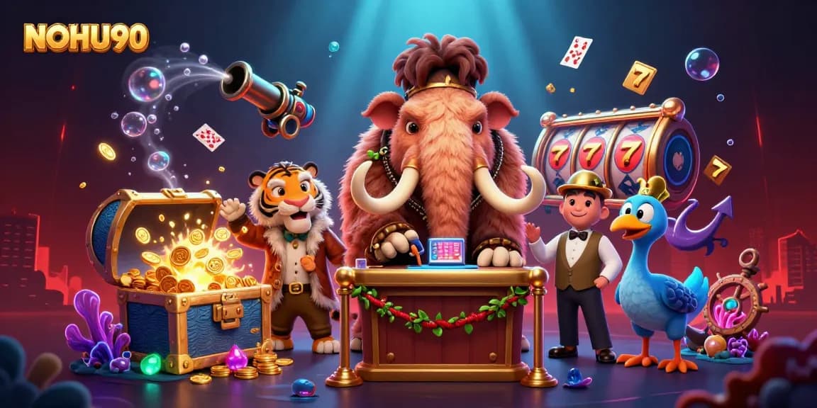 Experience exhilarating NOHU90 casino action with vibrant characters and thrilling slot elements.