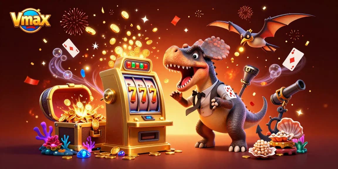 Vmax slot machine jackpot illustration featuring dynamic casino elements and characters celebrating wins