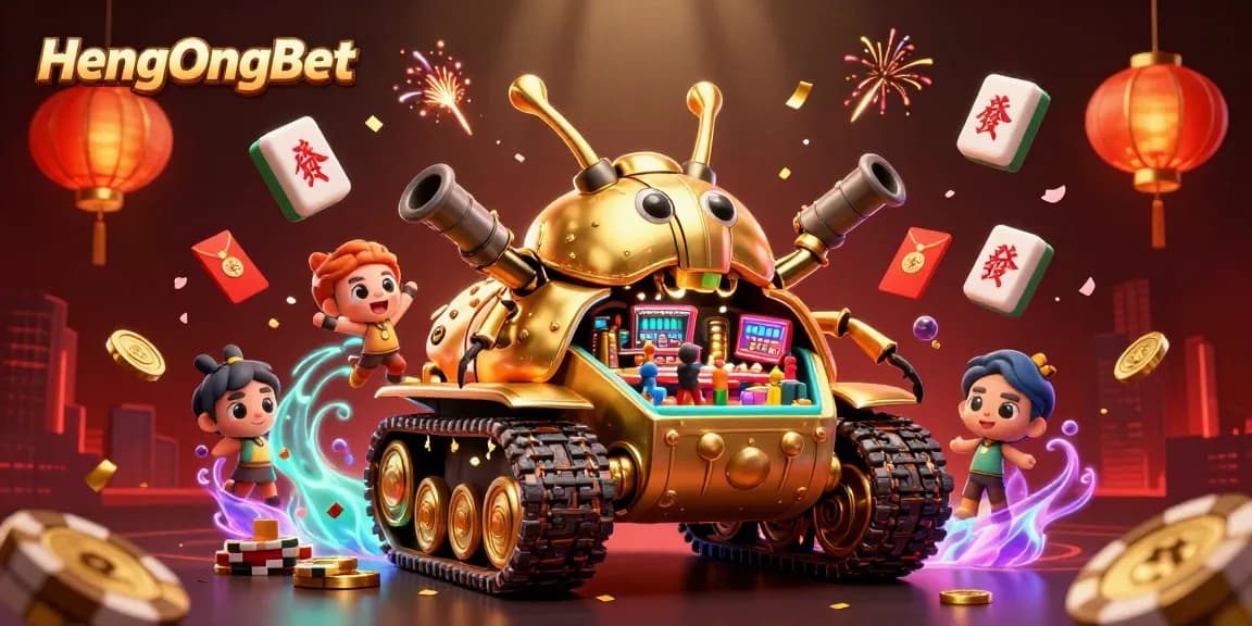 Experience the excitement of HengOngBet with a vibrant, 3D casino scene featuring a unique beetle tank and lively gaming elements.
