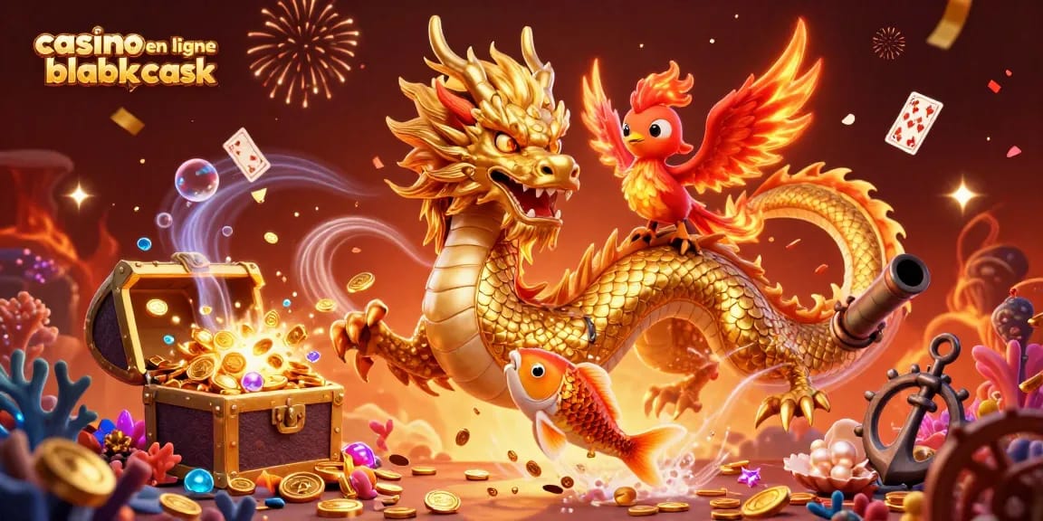 Gagnez au casino en ligne blackjack avec des dragons et des poissons porte-bonheur dans une scène animée.