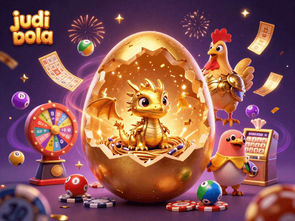 Engage in judi bola with a stunning golden dragon amidst swirling confetti and vibrant game elements.