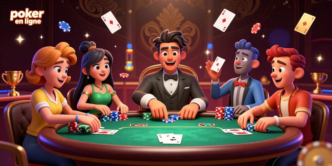 Jouer au poker en ligne avec des joueurs captivés, mettant en valeur des jetons de poker et des cartes gagnantes.
