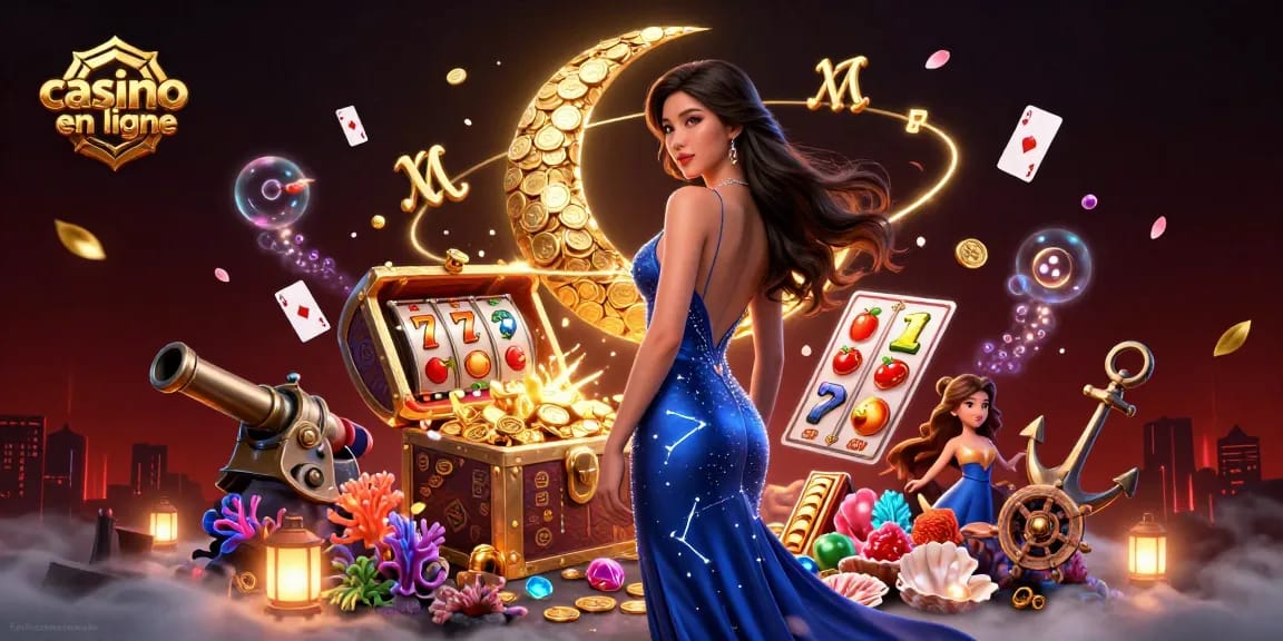 Découvrez l'excitation du casino en ligne avec une illustration époustouflante sur le thème du casino mettant en avant des trésors et des éléments de machines à sous.