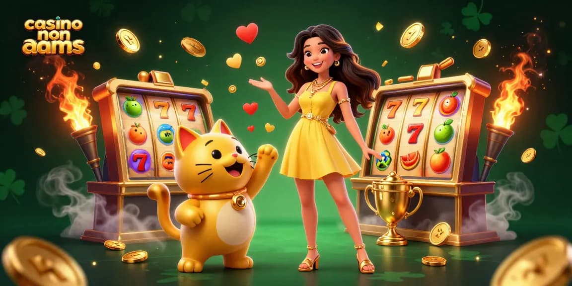 Vivi l'emozione del casinò non AAMS con scene vivaci che presentano personaggi gioiosi e elementi delle slot.