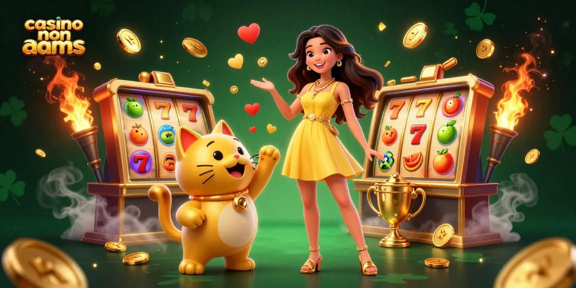 Vivi l'emozione del casinò non AAMS con scene vivaci che presentano personaggi gioiosi e elementi delle slot.