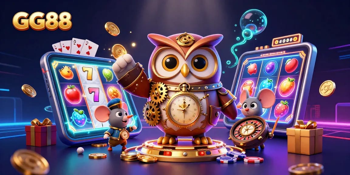 Experience thrilling slot jackpots with GG88 in this vibrant 3D illustration of a dynamic gambling scene.