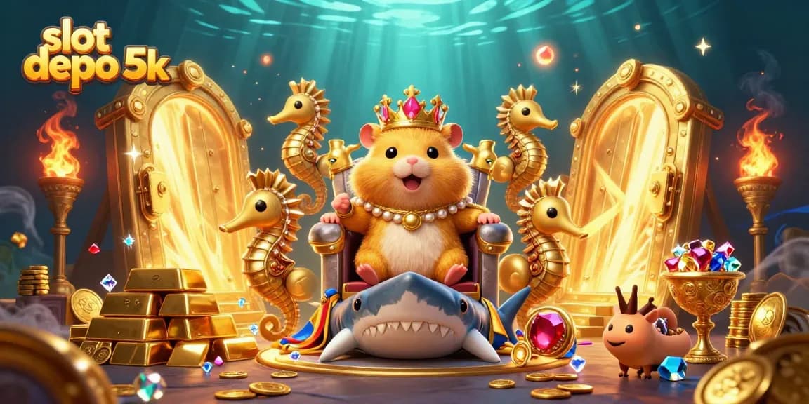 Experience thrilling slot depo 5k action with a golden hamster king and treasure in a vibrant casino scene.