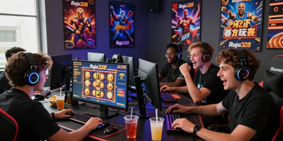 Exciting online gaming experience at Raja328 situs with friends enjoying popular slot games in a vibrant atmosphere.