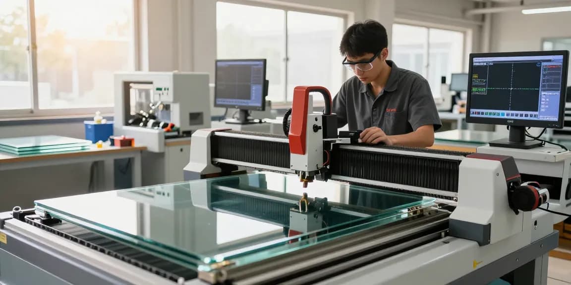 Technician using a glass cutting machine in a modern workshop, showcasing precision and efficiency.