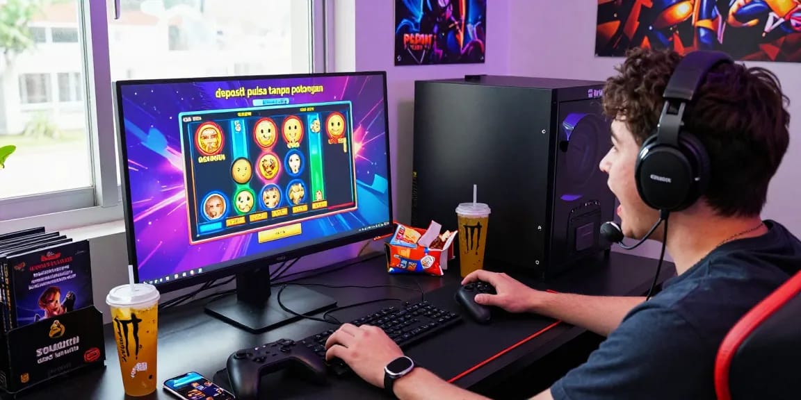Excited player enjoying a slot game online with 'deposit pulsa tanpa potongan' features, showcasing vibrant gaming setup.