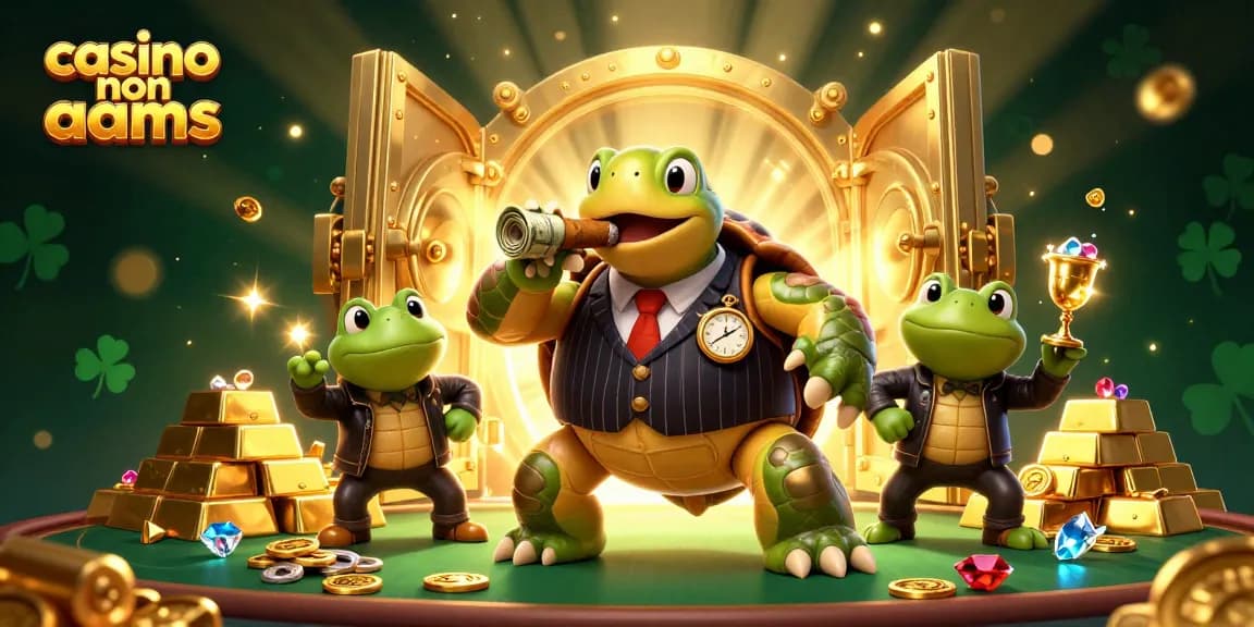 Scopri la vivace scena del casino non AAMS con tartarughe e rane in un'illustrazione 3D ricca di dettagli, gioielli e oro.
