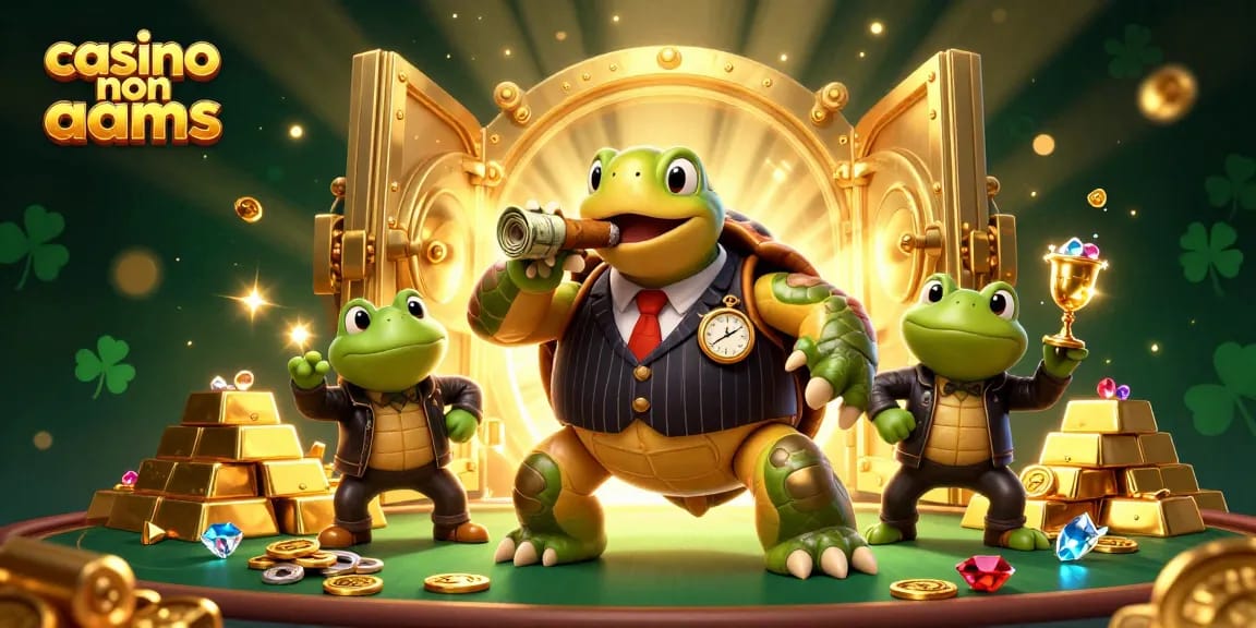 Scopri la vivace scena del casino non AAMS con tartarughe e rane in un'illustrazione 3D ricca di dettagli, gioielli e oro.