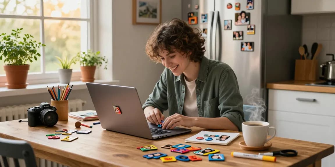Creating personalized photo magnets in a cozy kitchen, vibrant designs and family photos on display.