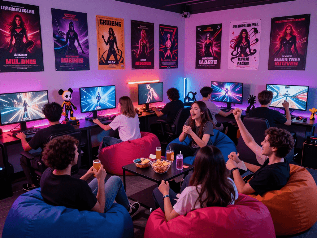 Engaged gamer playing sex games in a vibrant adult gaming space.