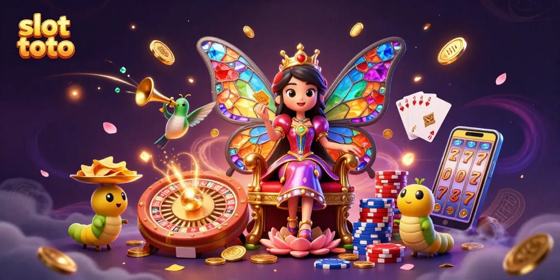 Experience the thrill of slot toto with an enchanting illustration of a butterfly queen and casino elements.