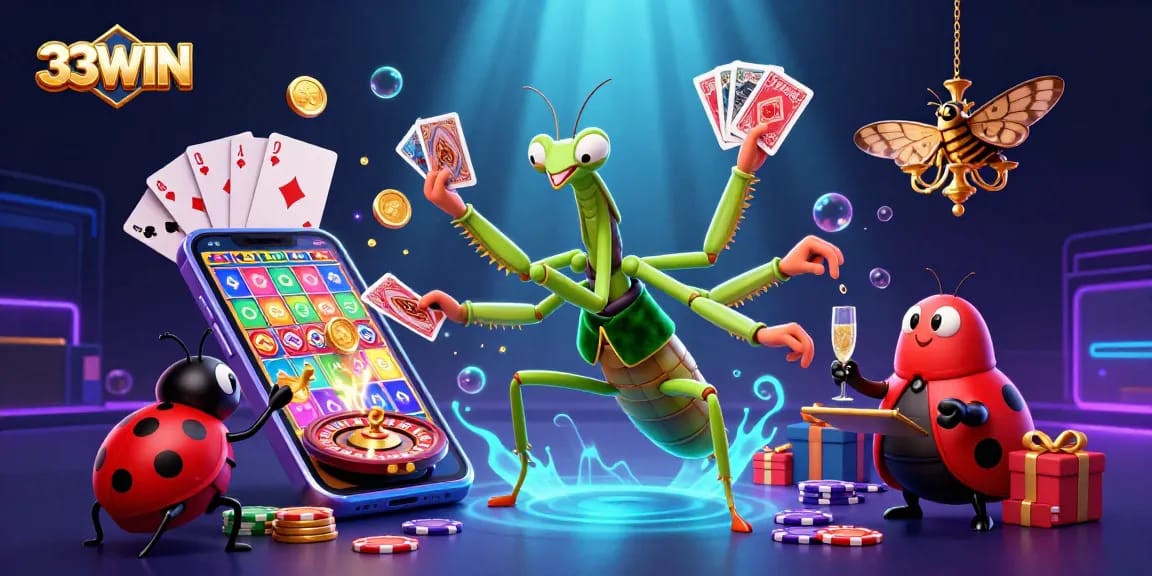 33WIN presents a cartoon mantis card sharp, ladybug pit boss, and vibrant casino elements.