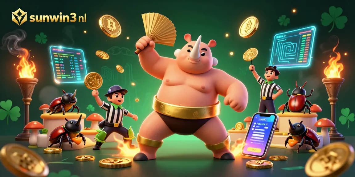Win at sunwin3 nl with a 3D beetle sumo champion amidst flying coins and crypto elements.