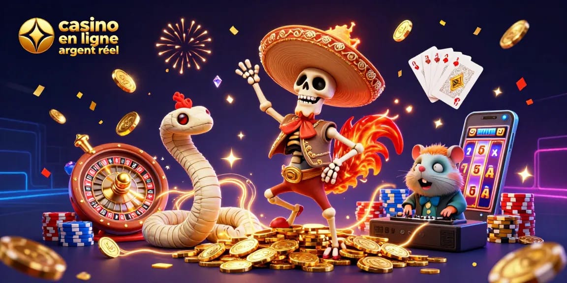 Vibrez avec un casino en ligne argent réel dans une illustration remplie de pièces dorées et de jeux captivants.