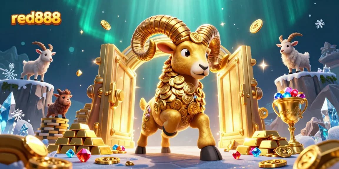 Experience the thrill of gaming with red888, featuring a playful golden ram amidst treasures.