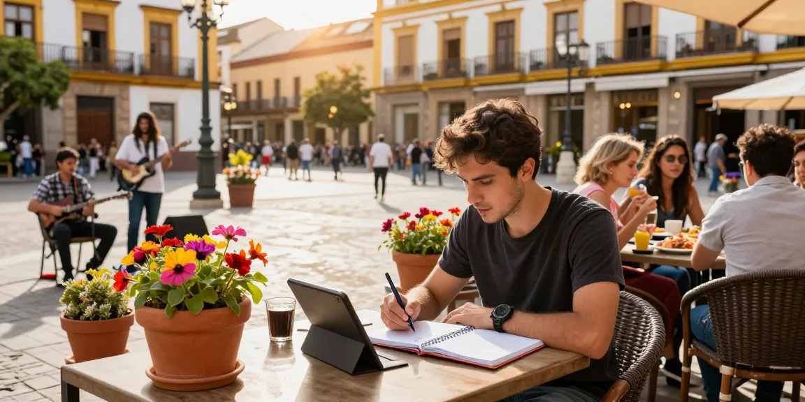 Escena atractiva de un joven estudiante disfrutando de Spanischkurse en España mientras estudia al aire libre en una vibrante atmósfera urbana.