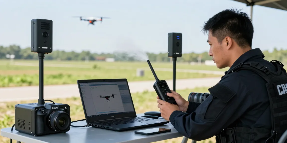 Operator using an anti drone jammer device in outdoor test environment, showcasing advanced technology for UAV defense.