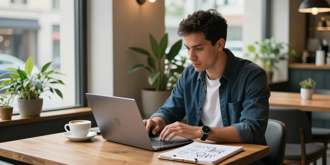 Clinton Orr brainstorming business strategies in a modern café, surrounded by coffee and creative elements.