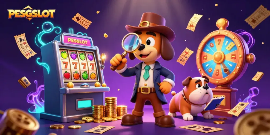 PESGSLOT memperlihatkan detektif 3D dan bulldog di kasino, membahas mesin slot dan tiket emas.