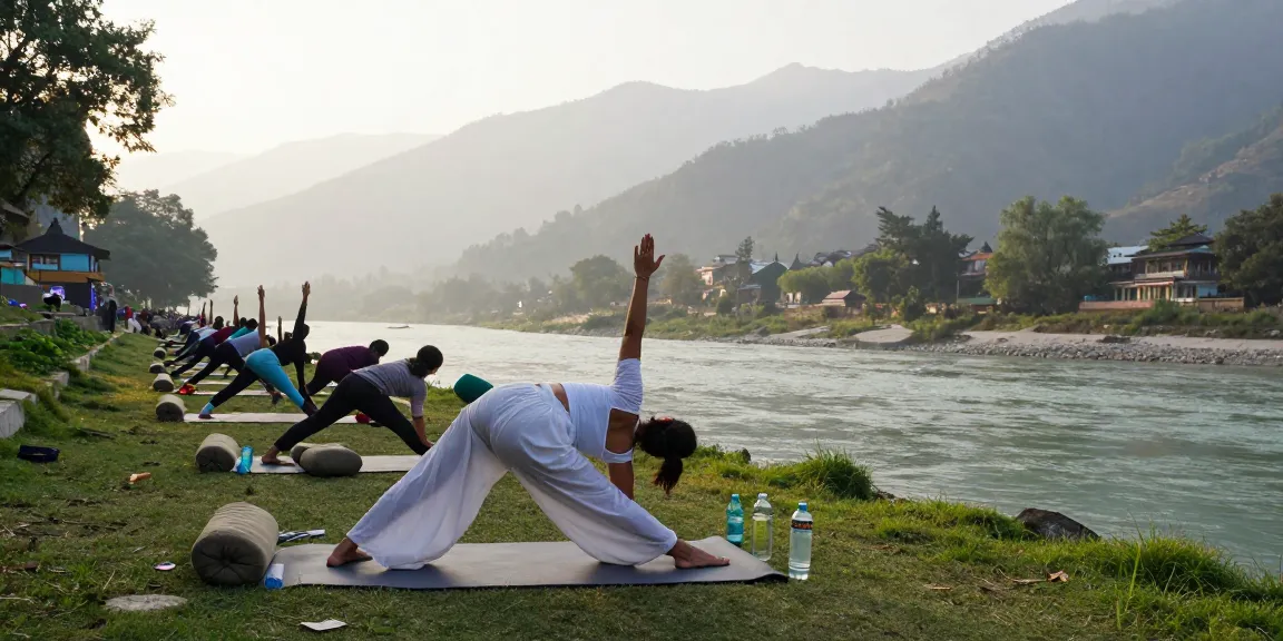 Yoga teacher training course India sunrise session by the Ganga with diverse practitioners enjoying nature.