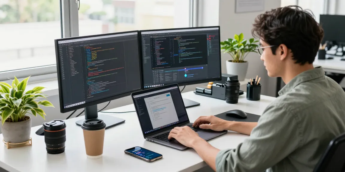 Developer coding in a modern office showcasing 纸飞机中文版 on dual monitors with vibrant tech elements.