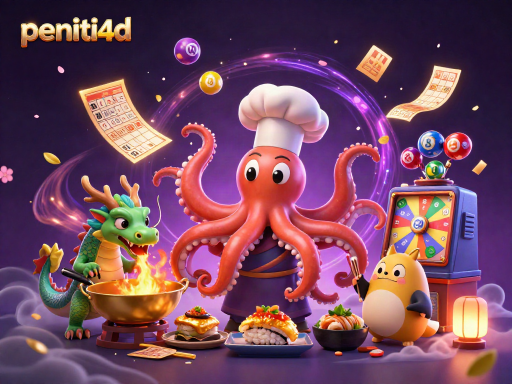 Permainan seru di peniti4d dengan chef gurita dan naga, dikelilingi bola lotere.