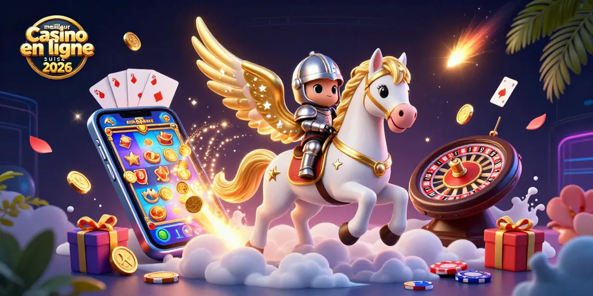 Jouer au meilleur casino en ligne suisse 2026 avec un cheval céleste et un chevalier dans un monde fantastique.