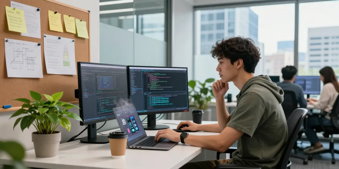Developer coding at a modern workspace, telegraimin.com showcased on multiple screens, inspiring tech productivity.