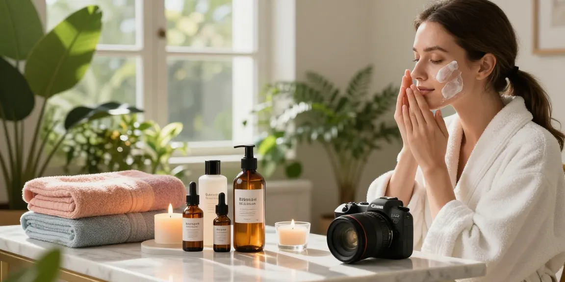 Woman applying Balance and Refresh Toner in serene spa setting, surrounded by plants and candles, evoking tranquility and self-care.
