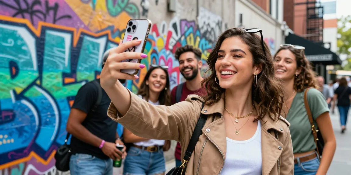 A young woman happily using a celebrity look-alike app on her phone in a colorful urban setting, showcasing the fun of finding out who looks like a celebrity.