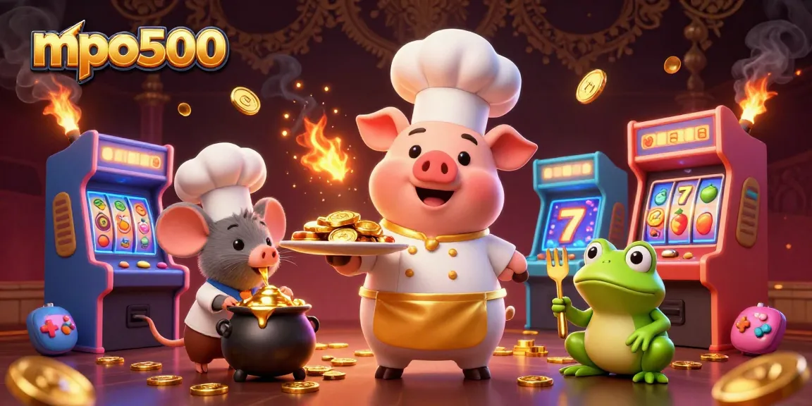 Engage with mpo500's vibrant casino scene featuring gold coins and cheerful characters.