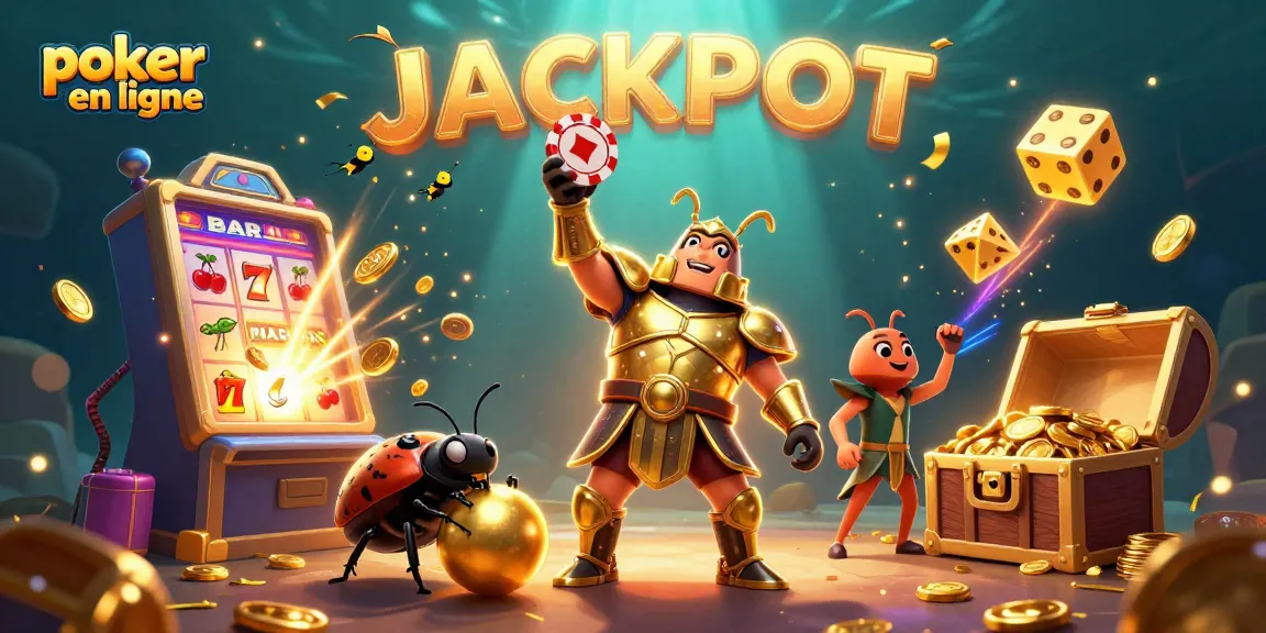 Jouez au poker en ligne avec cette illustration dynamique mettant en scène un scarabée héroïque et des éléments de jeu captivants.