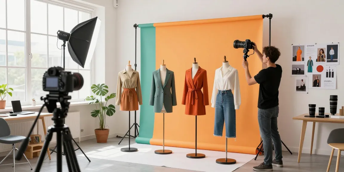 Photographe ecommerce Milano ajustant l'éclairage pour photos de vêtements dans son studio professionnel.