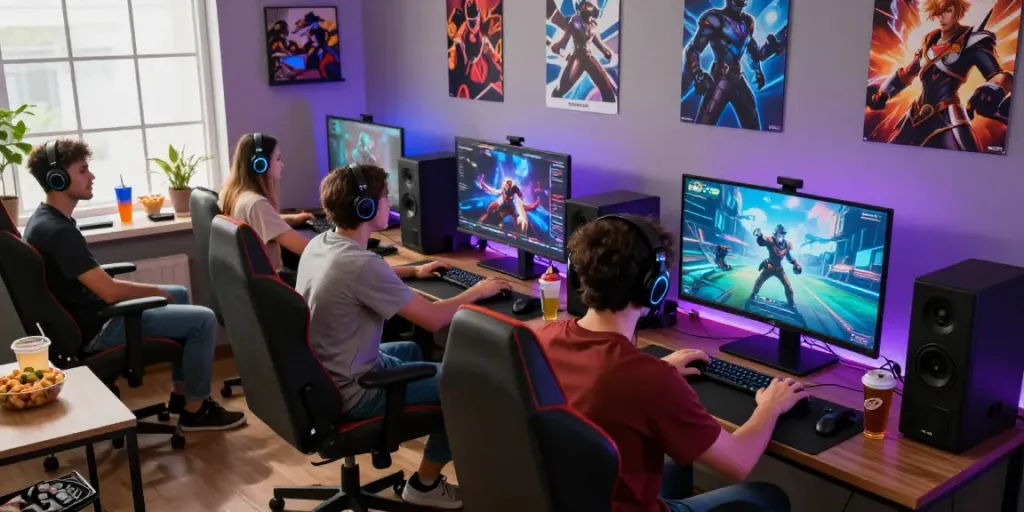Dynamic group gaming experience in a vibrant MPO88ASIA-themed environment, showcasing excitement and camaraderie.