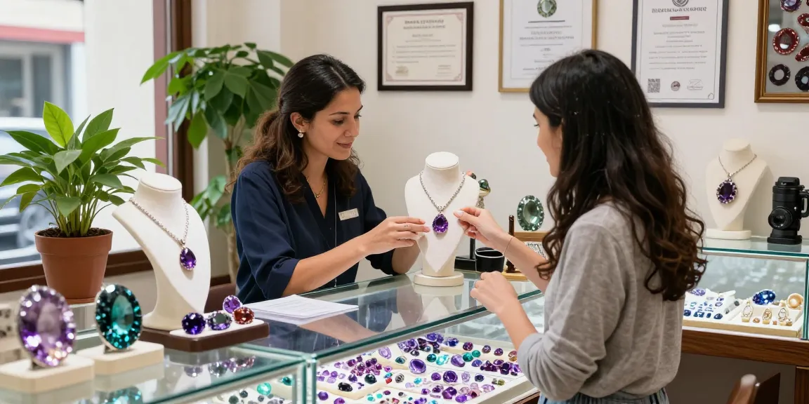 Shopper exploring gemstones at https://www.mygemspot.com in an inviting retail atmosphere.