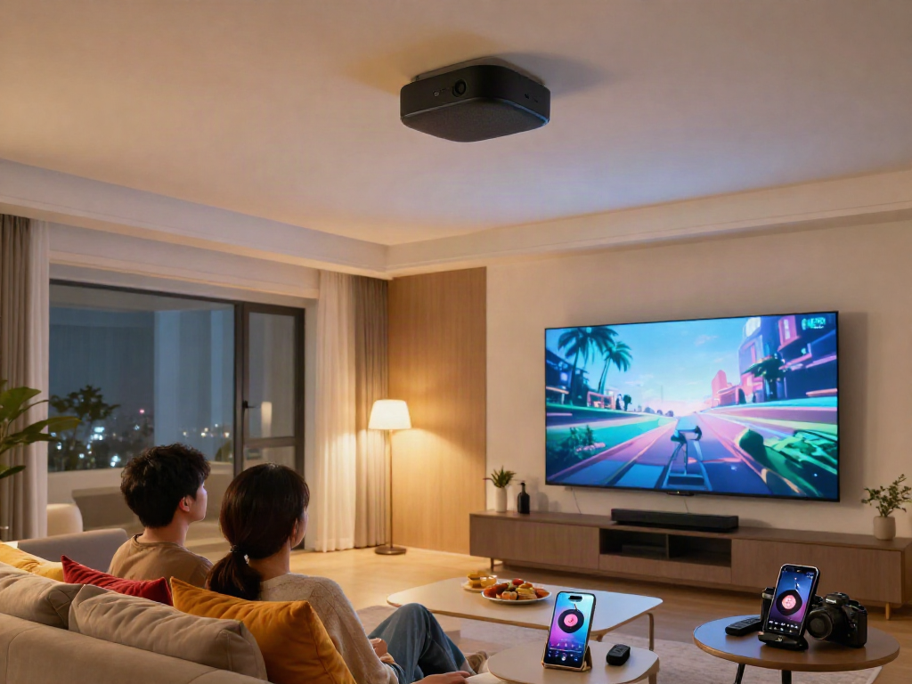 خرید اسپیکر سقفی for seamless home audio, showcasing a couple enjoying movie night with stylish ceiling speaker integration.